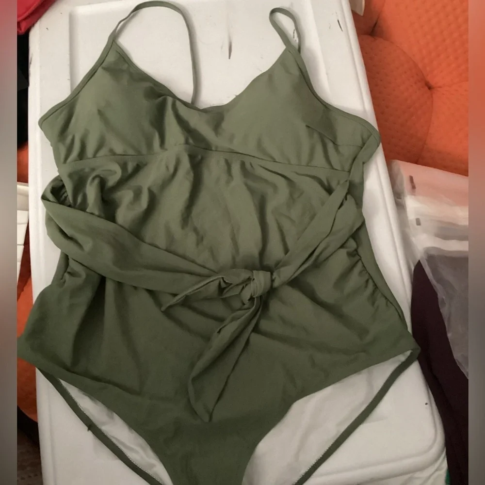 One Piece plus Size Swimsuit V Neck Pregnancy Bathing Suit Tie Front Ruched 2XL